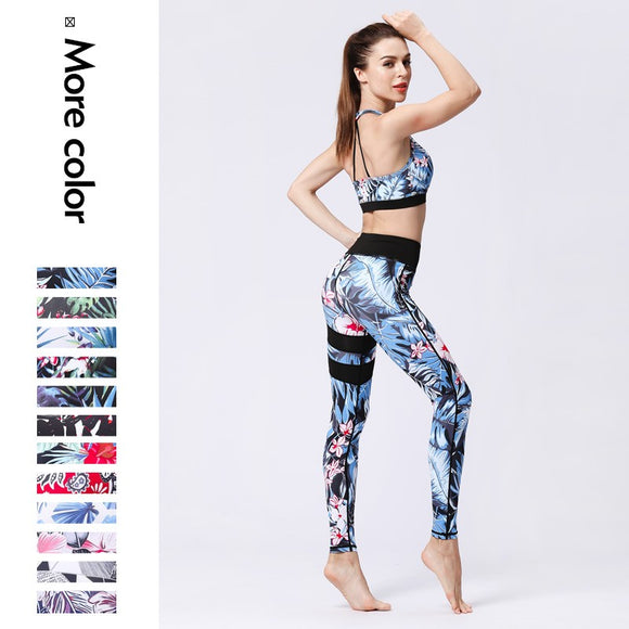 2018 New Sexy Women Sport Suit Print Quick Dry Stretch Tight Bra+Legging 2pcs Sportswear Tracksuit Fitness Running Gym Yoga Set